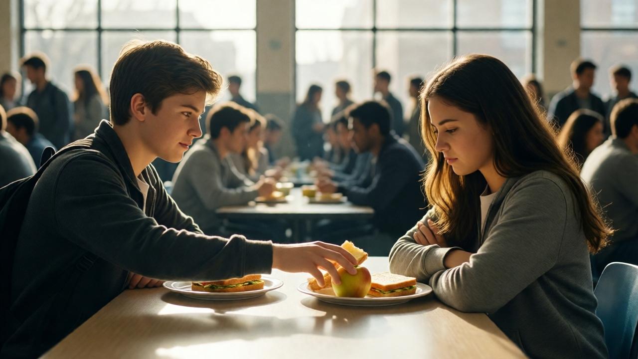 A cinematic shot from a low angle in a bustling high school cafeteria, focusing on two teenagers at a table. A boy with a gentle expression pushes half a sandwich and an apple across the table towards a girl who looks down, her arms crossed defensively. Sunlight streams through large windows, creating pools of light and shadow, highlighting the isolation of their table amidst the blurry crowd. The mood is tense yet hopeful, with a warm, nostalgic color palette of muted browns and yellows.