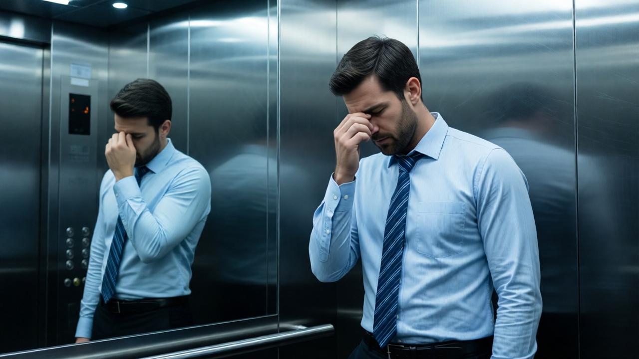 A man in a professional dress shirt and tie stands alone in a modern elevator, his reflection visible in the polished metal doors. His posture is weary, one hand pinching the bridge of his nose, eyes closed in stress. The lighting is cool and fluorescent, casting sharp shadows, emphasizing his isolation. The mood is one of professional anxiety and quiet desperation, with a muted, grey-blue color scheme.