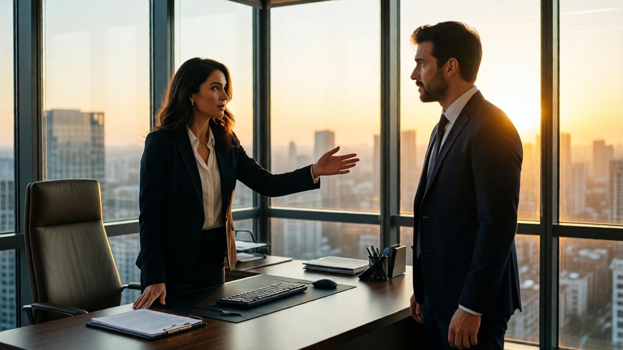 A powerful, emotional scene in a modern corner office with floor-to-ceiling windows. A professionally dressed woman, Olivia, stands confidently behind a large desk, one hand extended towards James, who stands before her looking stunned and emotional. The late afternoon sun creates a golden glow in the room. The composition focuses on their connected gaze, symbolizing the closing of a circle. The mood is one of redemption, hope, and profound connection.