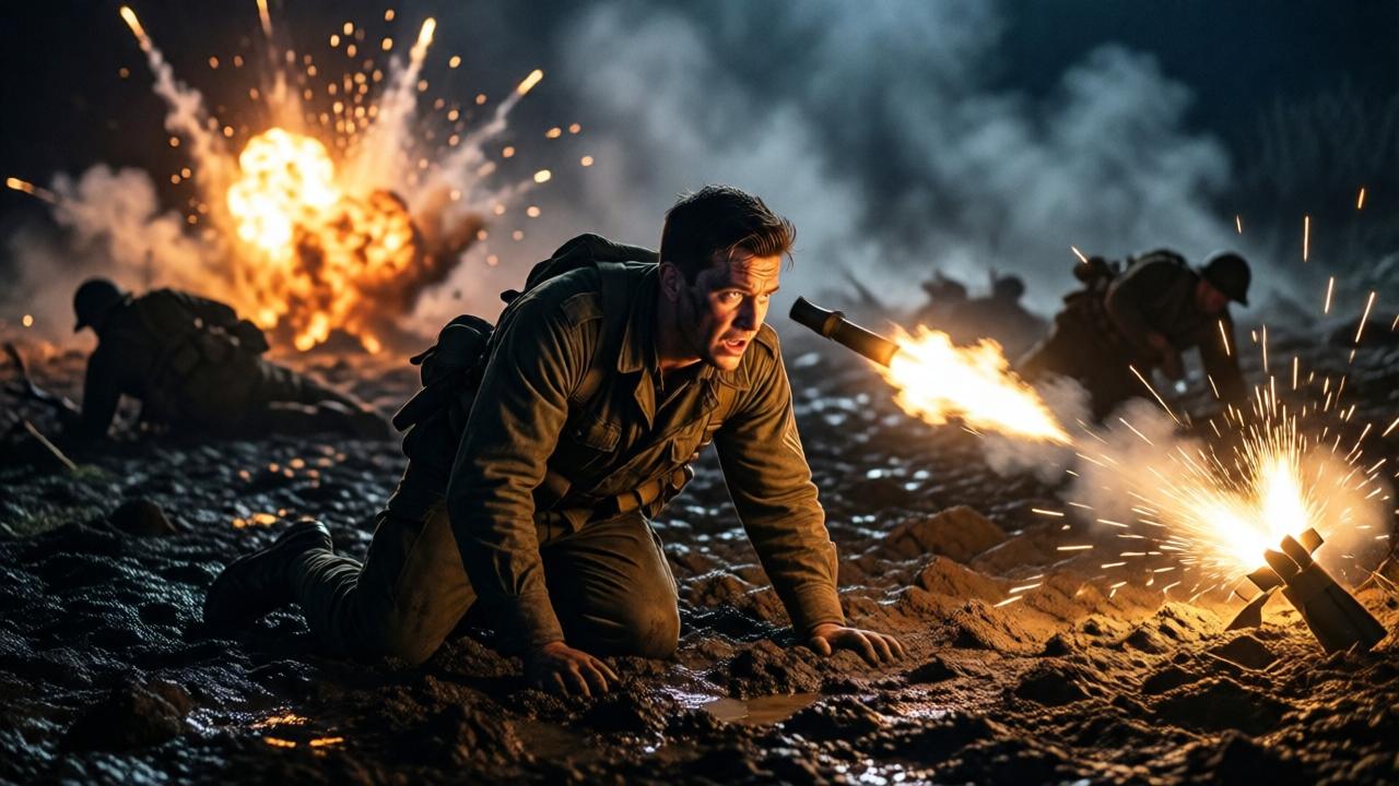 A dramatic, cinematic scene of a World War II nighttime ambush. A young soldier, Michael Dean, is crouched in a muddy, shell-cratered field, his face illuminated by the flash of a nearby explosion. The lighting is stark and chaotic, with deep shadows and bursts of orange and yellow from mortar fire. In the background, silhouettes of other soldiers are falling or taking cover. The mood is one of sheer panic and disorientation, with smoke and dust filling the air. Composition is wide-angle to show the scale of the devastation, perspective from a low angle to emphasize vulnerability.