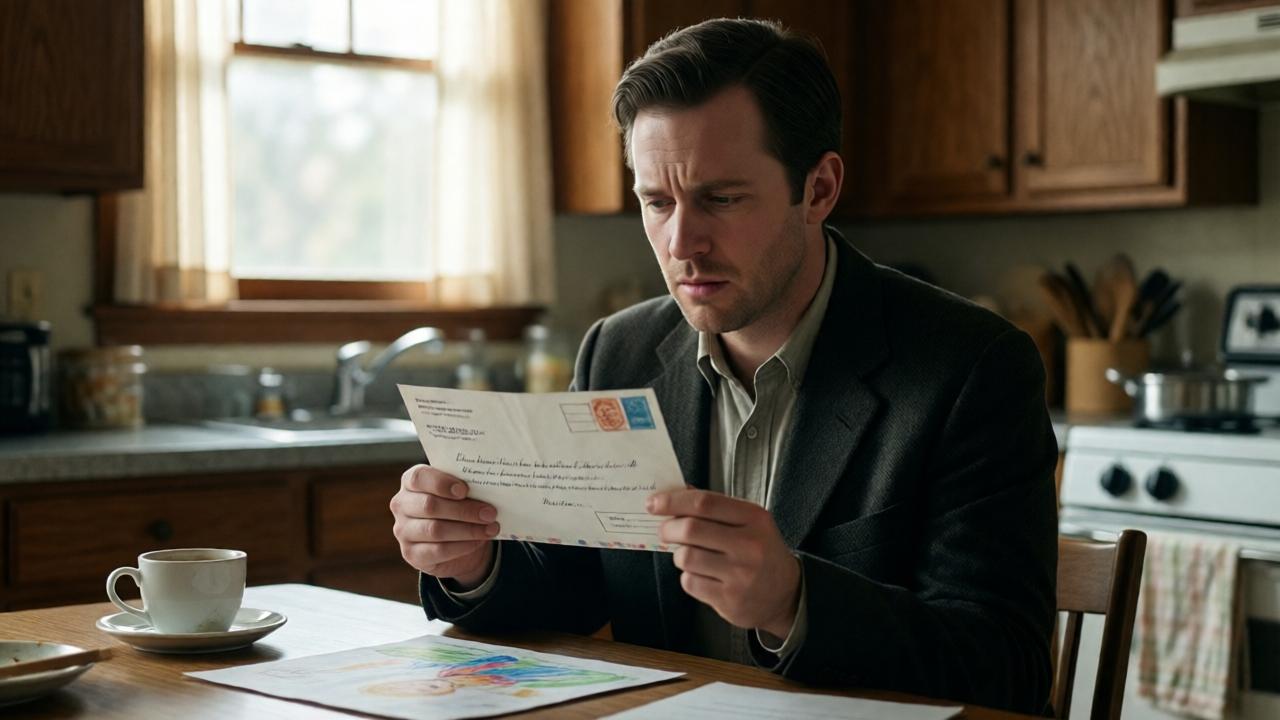 A quiet, tense domestic scene. A man in his mid-thirties, Luke Pfeiffer, stands in a 1950s-style kitchen, holding a registered letter with official stamps. His face is pale, his hands are slightly shaking. Morning light streams through a window, creating a peaceful contrast to his inner turmoil. On the table, a child's drawing and a coffee cup sit untouched. The mood is one of dread and suspended animation. The composition is intimate, focusing on his face and the damning letter in his hands.