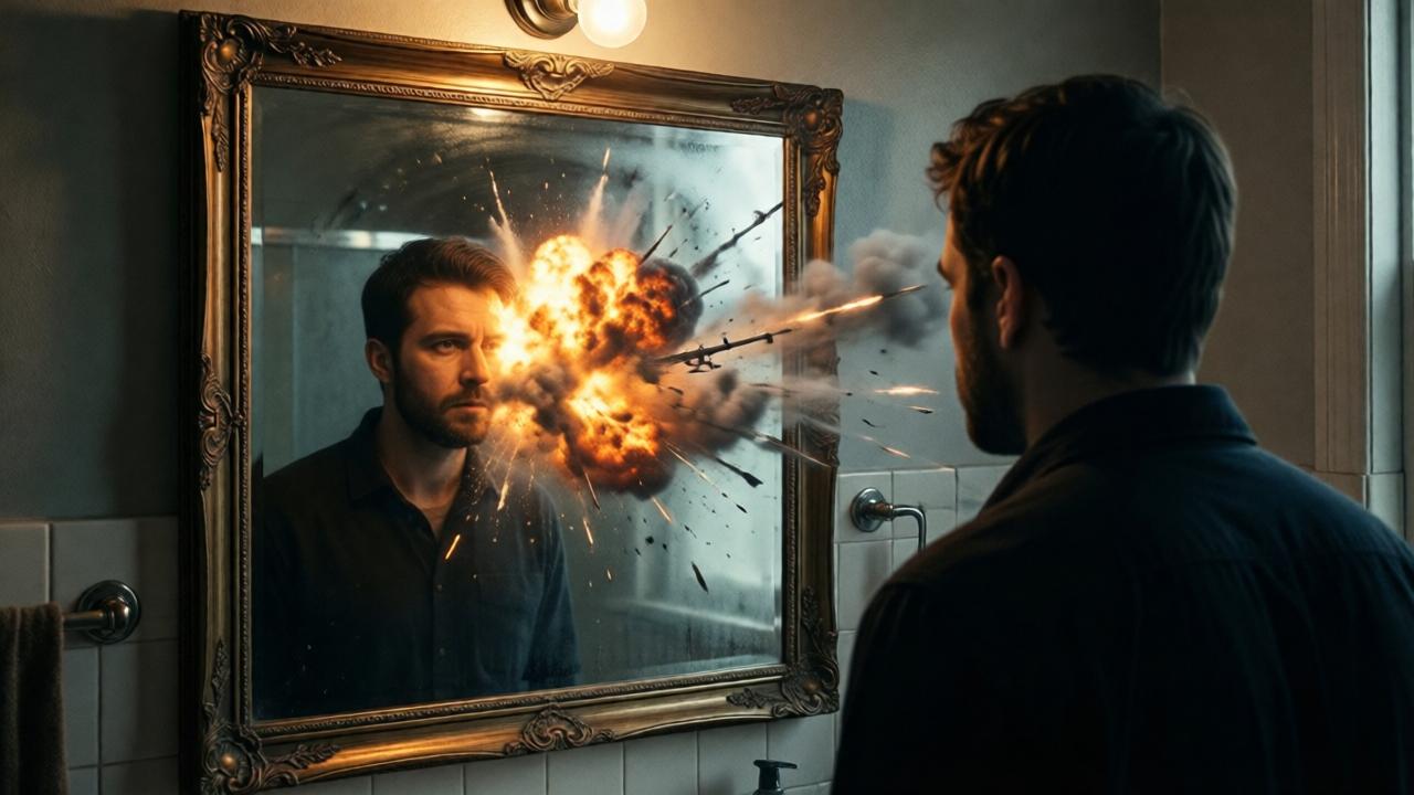 A surreal, symbolic image. A man's reflection in a foggy, vintage bathroom mirror. Instead of his face, the mirror shows a chaotic, powerful explosion from a battlefield, with smoke and light bleeding out into the real bathroom. The lighting is dim and eerie, with a single bulb casting long shadows. The mood is one of psychological dissolution and finality. The composition is tight on the mirror and the man's silhouette, with the explosive reflection warping reality. The colors are muted except for the fiery oranges in the mirror.