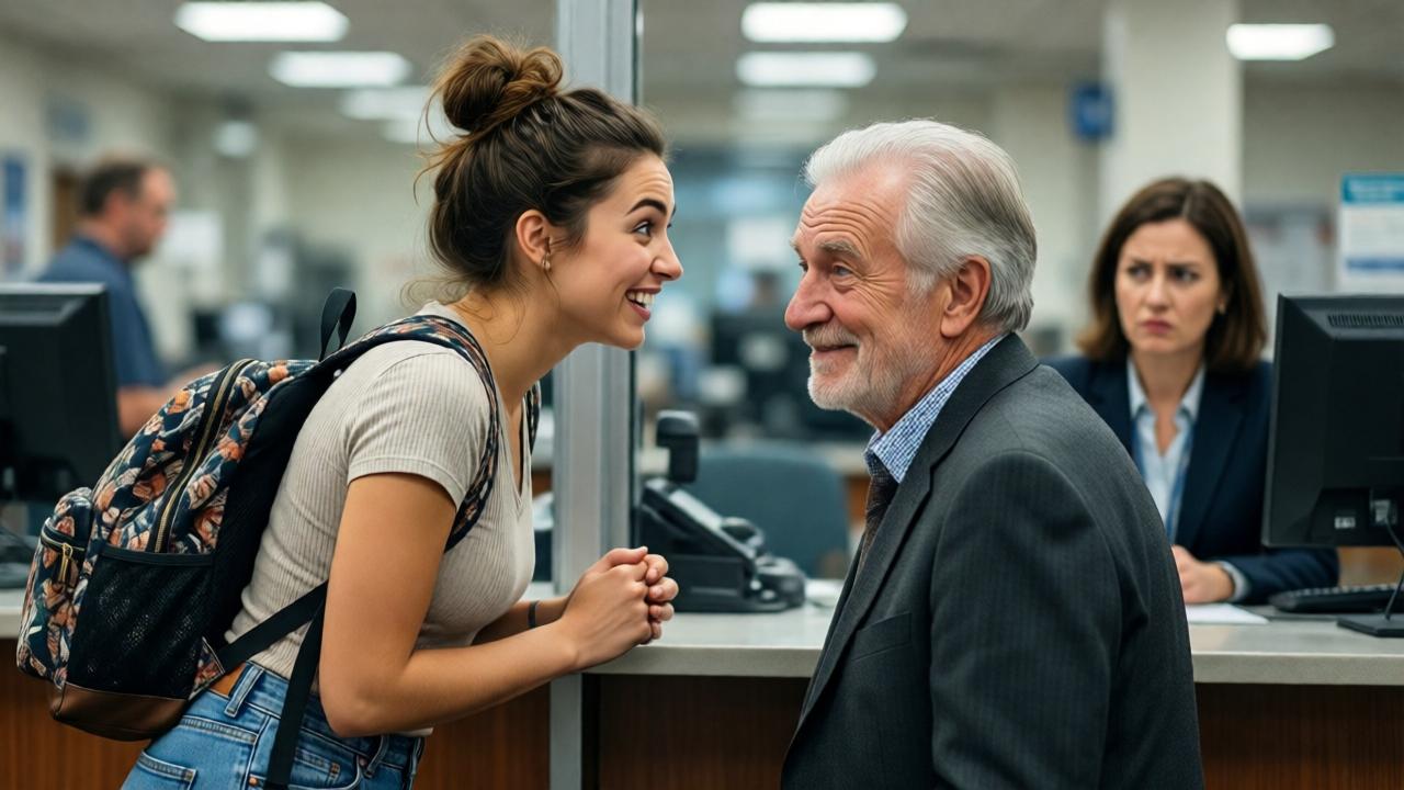 A dynamic scene in a bank queue. An energetic young woman with a stylish backpack, standing behind an elderly gentleman, leans forward with a playful, hopeful expression as they converse. The elderly man has turned fully to face her, a mischievous smile on his face. The bank teller in the background watches them with a mix of annoyance and disbelief. The composition uses a shallow depth of field to blur the background, highlighting the connection between the two foreground figures. Lighting is bright and even from overhead fluorescents.