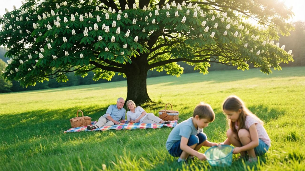 A wide, sunny shot of a lush green meadow on a hill. In the center, a magnificent, sprawling chestnut tree with white blossoms. Under its shade, an elderly couple is laying out a large, colorful checkered blanket with picnic baskets. In the foreground, slightly out of focus, a boy and a girl are crouched in the grass, examining something in a net. The style is bright, realistic, and idyllic, with warm, golden-hour lighting and a sense of serene summer joy.