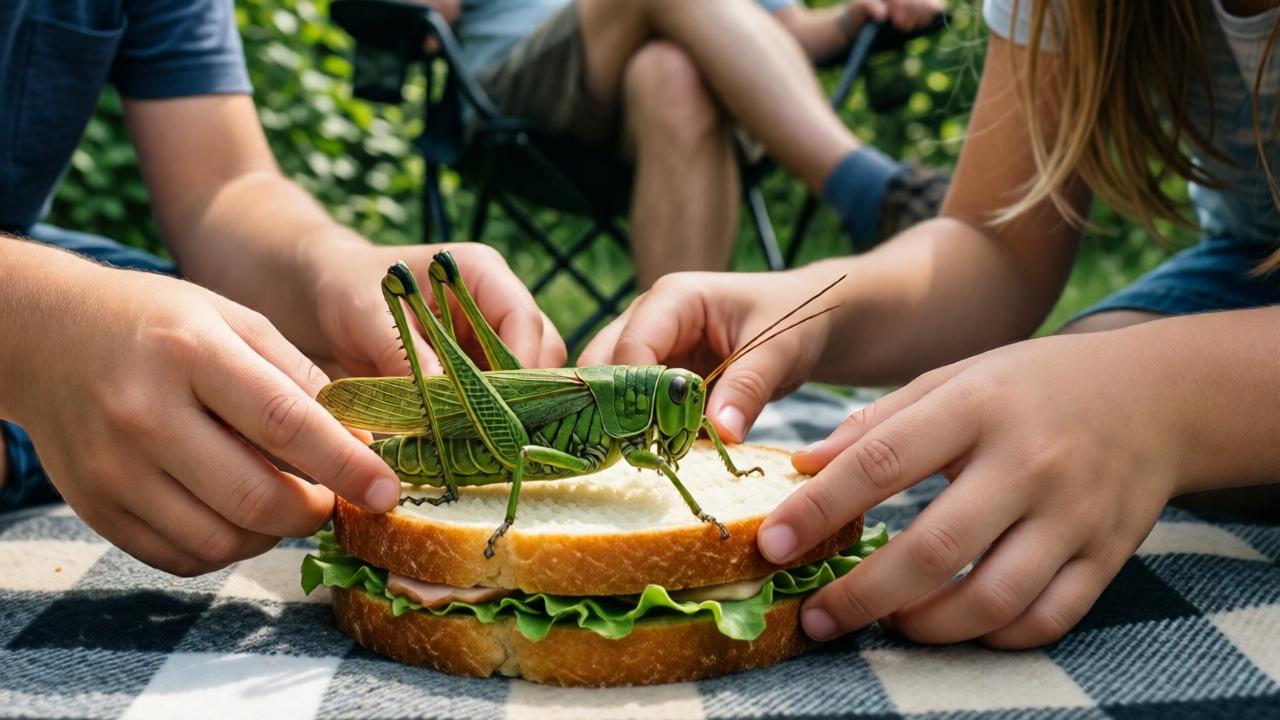 A close-up, detailed shot from a low angle. A boy’s and a girl’s hands are carefully placing a large, detailed green grasshopper into an open sandwich on a checkered blanket. In the background, slightly blurred, are the legs of a folding chair and an elderly man’s crossed ankles. The focus is on the action, the texture of the bread, the insect’s intricate legs, and the children’s conspiratorial fingers. The mood is tense and mischievous, with dappled sunlight filtering through leaves.