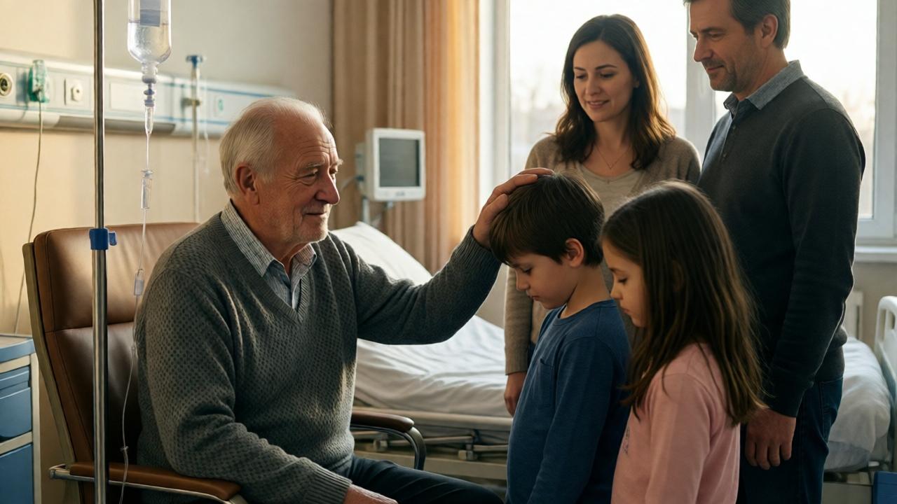 A hospital room scene, softly lit by afternoon light from a window. An elderly man sits in a chair, an IV stand beside him, a faint, tired but kind smile on his face. He is gently patting the heads of a boy and a girl who stand before him, their faces downcast. The parents stand slightly behind, watching the scene with relieved expressions. The mood is one of quiet reconciliation, forgiveness, and familial love, with a warm, muted color palette.