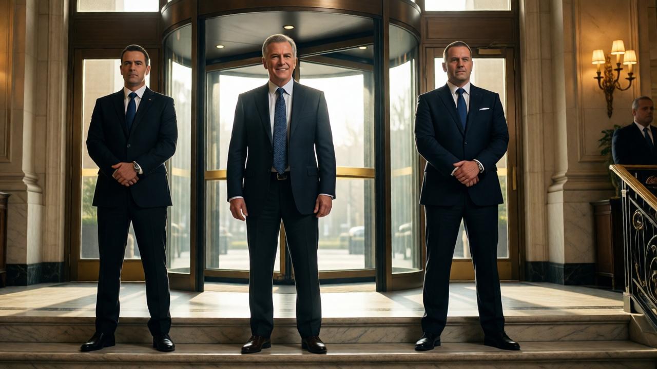 A wealthy, well-dressed man in his sixties stands confidently on the marble steps of a grand hotel lobby, flanked by two stern bodyguards in dark suits. Morning light streams through the revolving doors, casting long shadows. The scene is cinematic, with a tone of polished ambition. The man, Mr. Ronald, has a determined smile, looking out as if addressing a crowd, embodying the moment of his triumphant return. Style: photorealistic, dramatic lighting. Colors: rich browns, golds, and deep blues. Composition: low-angle shot emphasizing power and stature.