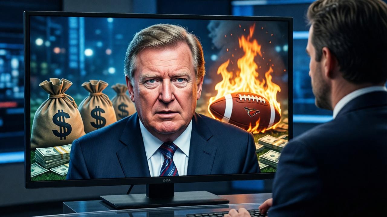 A dramatic, tense television studio scene. On a large monitor behind a news anchor, a distorted, unflattering cartoon image of a billionaire figure is displayed, with money bags and a burning football in the background. The anchor has a serious, accusatory expression. The lighting is harsh studio lighting, creating a cold, interrogative mood. Style: photorealistic with a gritty, journalistic feel. Colors: dominated by cool blues and grays, with the fiery orange of the cartoon providing stark contrast. Composition: over-the-shoulder shot of the anchor, focusing on the damaging image on screen.