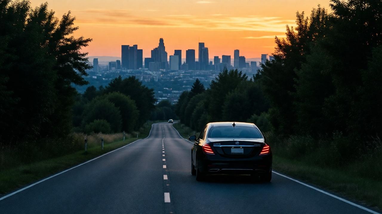 A lone, elegant black car drives away down a winding, tree-lined country road at dusk, seen from behind. The car is leaving a picturesque but imposing city skyline silhouetted in the distance. The mood is melancholic and final. The lighting is the golden-orange glow of sunset, with long shadows. Style: cinematic, wide-angle landscape. Colors: warm sunset hues contrasting with the cool blues of the distant city and the dark road. Composition: the road occupies the foreground, leading the eye from the departing car to the city he is leaving behind.