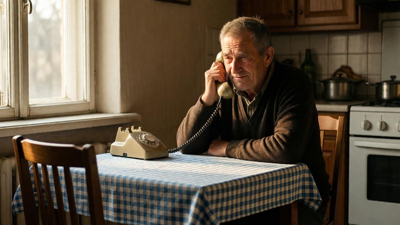 A poignant scene in a modest, sun-dappled kitchen. An elderly man, his face lined with kindness and fatigue, sits alone at a small wooden table. He holds an old rotary phone receiver to his ear, a faint, sad smile on his lips. The lighting is warm afternoon sun streaming through a window, casting long shadows. The colors are muted earth tones—beiges, browns, a faded blue checkered tablecloth. The composition is intimate, focusing on the man's expression and the empty chair opposite him, emphasizing his solitude. Style is photorealistic with a soft, emotional focus.