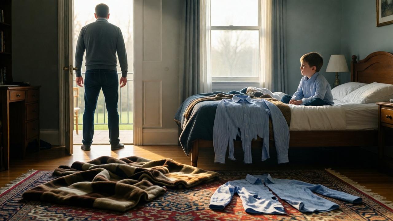 A powerful, emotionally charged scene in a child's bedroom. A man stands in the doorway, his back to the viewer, his posture rigid with shock. In the foreground on a colorful rug lies a thick, expensive blanket that has been cut into several large pieces. Next to it are two men's dress shirts, neatly torn down the seams. The early morning light streams through the window, illuminating the scene with a harsh, revealing clarity. The boy is sitting on his bed, looking at his father, his face a mixture of innocence and profound understanding. The composition uses the doorway as a frame, trapping the father in the moment of his realization.