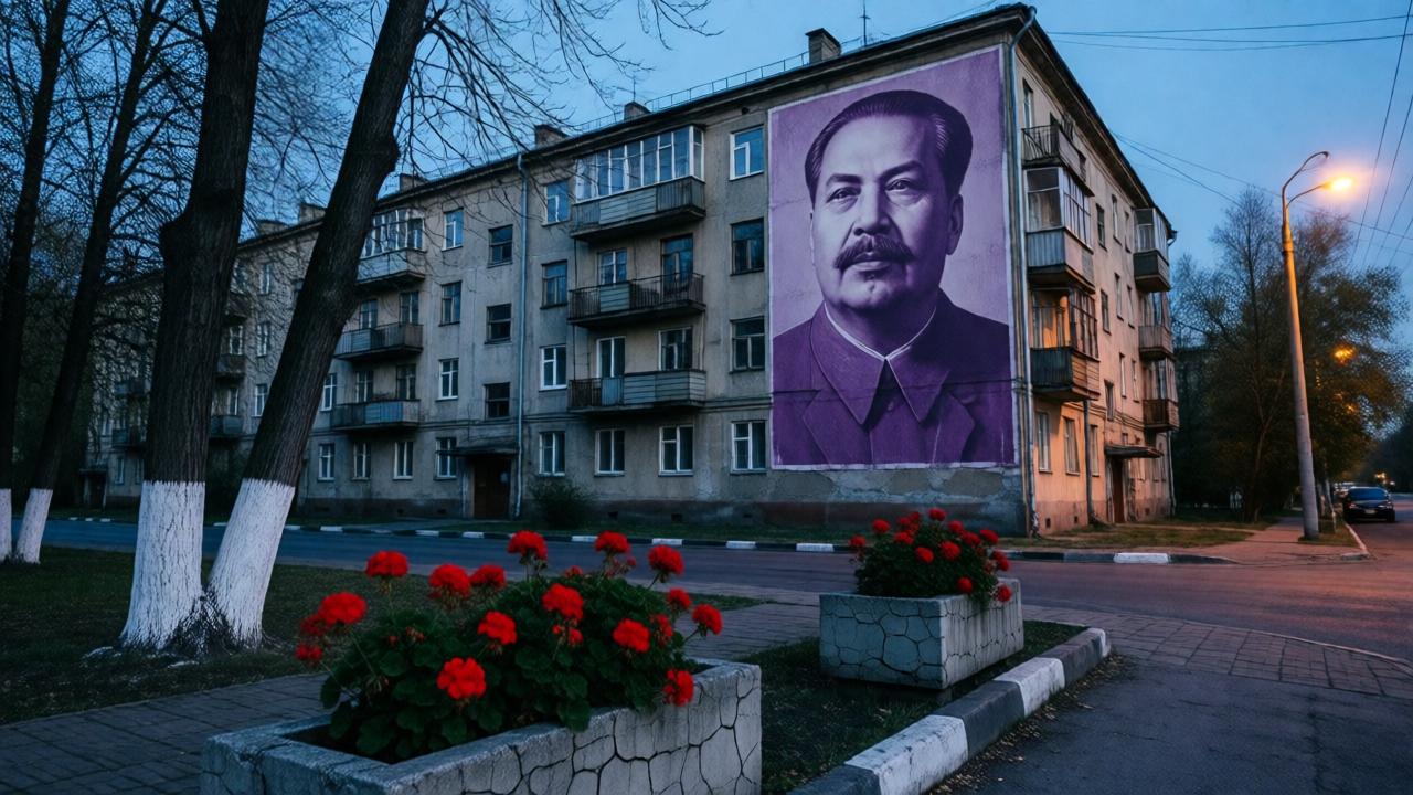 A wide-angle, cinematic shot of a desolate Eastern European city at dusk. Bleak, crumbling five-story apartment buildings with ceremonial white-painted tree trunks and curbs. Bright red geraniums bloom defiantly in cracked concrete planters. The scene is dominated by a giant, faded violet propaganda poster of a stern ruler's face on a building wall. The lighting is cold and blue, with a single warm streetlamp casting long shadows. Style: photorealistic, moody, and atmospheric.
