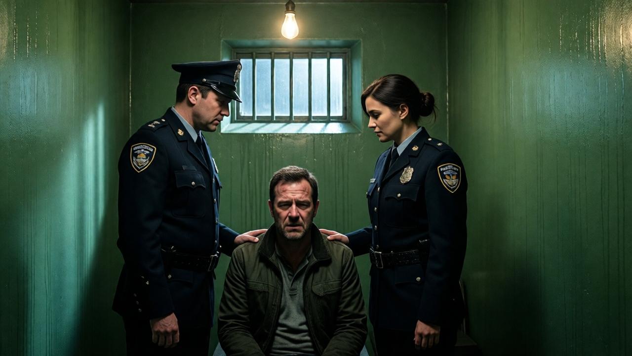 A medium shot inside a damp, green-walled interrogation room. A single light bulb hangs from the ceiling, casting harsh shadows. A man and a woman in sharp, authoritarian-style secret police uniforms stand over a seated, defeated-looking man (Mark) in his forties. A high, small barred window near the ceiling allows a sliver of cold light. The mood is claustrophobic and oppressive. Style: dramatic chiaroscuro lighting, hyper-realistic detail on the uniforms and the despair on Mark's face.