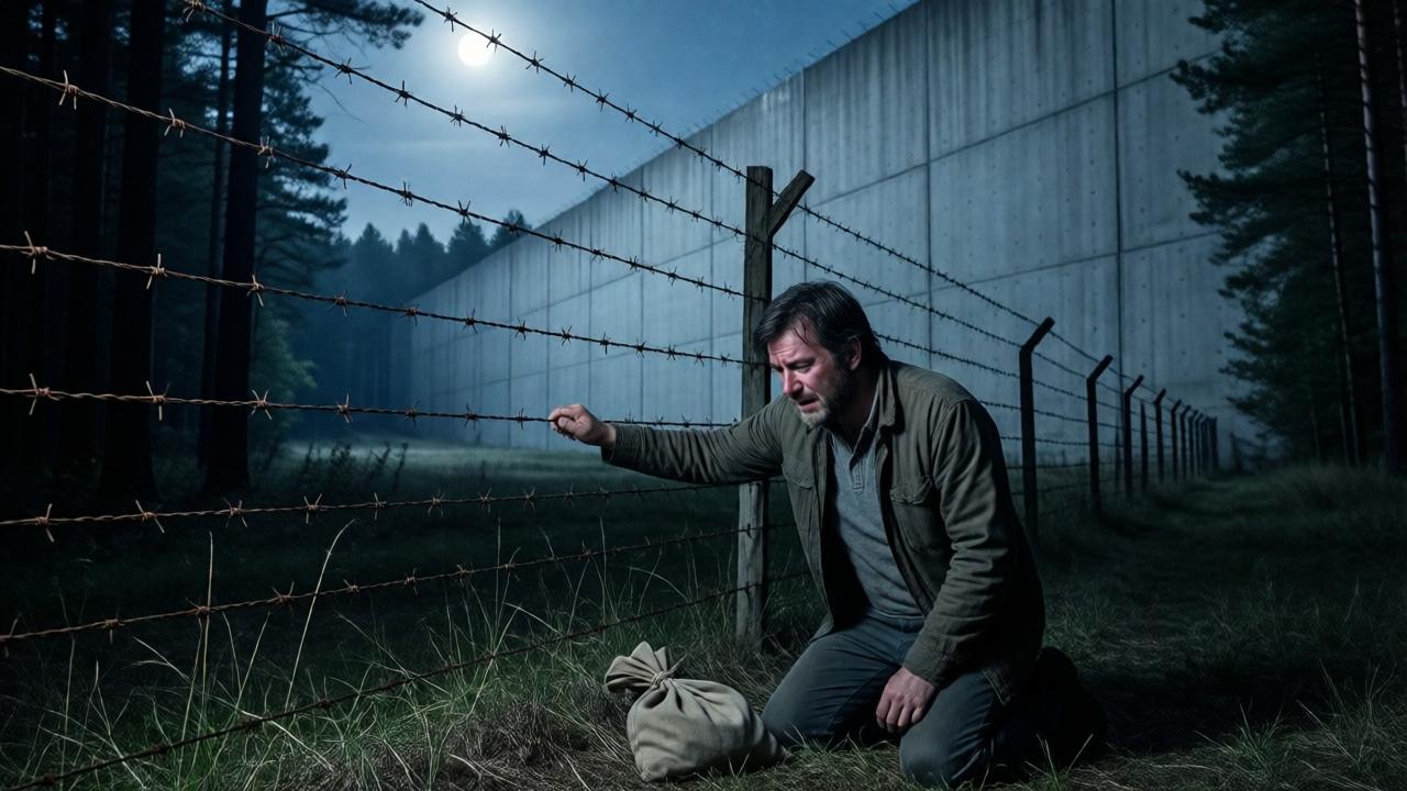 A powerful, emotional scene at a barbed-wire fence at the edge of a dark forest. A middle-aged man (Mark) is on his knees in the foreground, weeping, a small cloth bag discarded beside him. His hand rests on the rusty wire. Behind the fence, illuminated by a cold moon, is a massive, smooth, three-meter-high concrete wall that stretches infinitely into the distance, blocking any view of the beyond. The lighting is dramatic, with deep shadows and a spotlight effect from a hidden searchlight. Style: cinematic, sorrowful, with a focus on texture and despair.