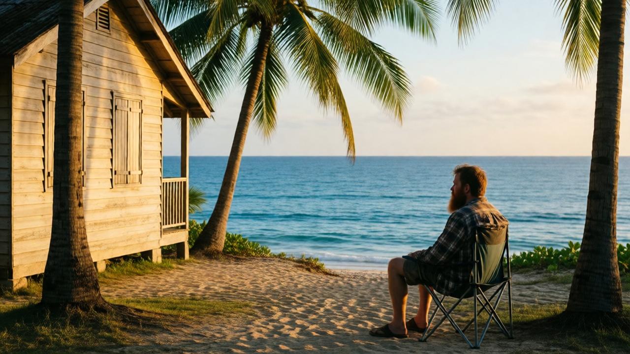 A cinematic wide shot of a tropical shoreline at golden hour. A weathered light wooden house sits on the left, with a few palm trees casting long shadows. A man with a distinctive red beard, wearing a torn plaid shirt and shorts, sits in a folding chair on the right, looking out at a vast, calm, blue ocean meeting a soft sky. The mood is serene, lonely, and contemplative. Lighting is warm and golden from the late afternoon sun, with rich colors in the sand and water. Composition uses the rule of thirds, with the house and man framing the endless ocean.