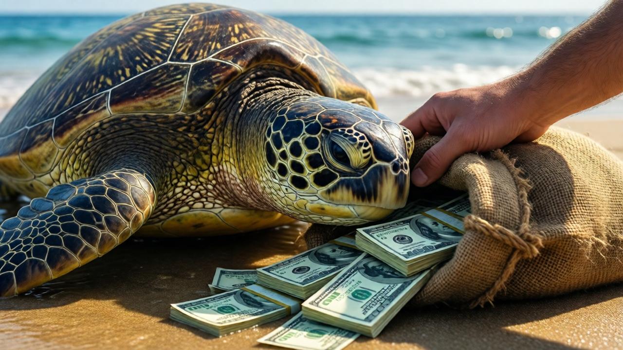 A close-up, detailed shot from a low angle. A large, majestic sea turtle with a textured, ancient-looking shell is on wet sand, nudging a worn burlap sack with its head. Bundles of hundred-dollar bills are spilling onto the golden sand. The focus is on the connection between the turtle's eye and the man's hand reaching into the frame. The mood is magical, surreal, and solemn. Lighting is bright morning sun, creating sharp contrasts and making the water on the turtle's shell sparkle. Colors are vibrant: the greenish-brown turtle, blue ocean backdrop, and the distinctive green of the money.