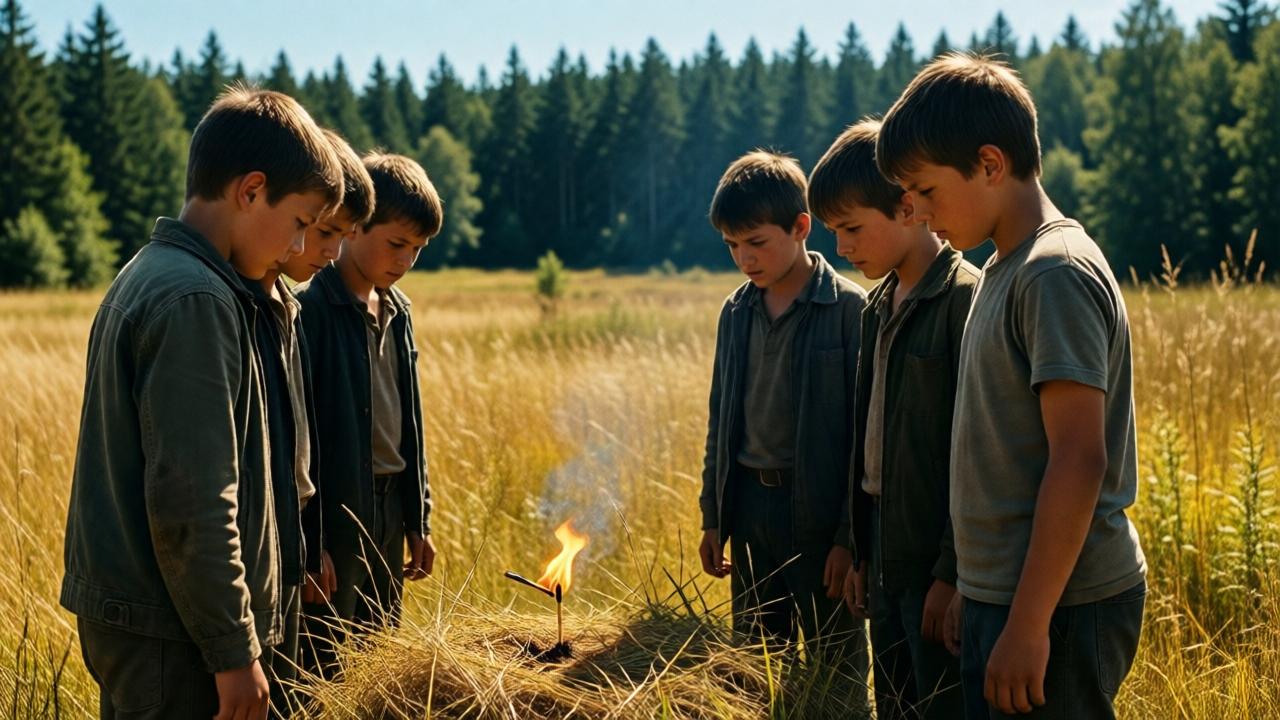 A cinematic wide shot of seven boys standing at the edge of a sun-drenched clearing, looking down at a single, tiny match flame in dry grass. The style is photorealistic with a warm, hazy summer filter. The mood is tense anticipation. Lighting is harsh midday sun casting sharp shadows. Colors are dominated by golden yellows of grass, deep greens of the distant forest, and the blue of the sky. Composition places the boys in the foreground, with the small flame as the focal point. Perspective is from slightly behind the boys, looking over their shoulders.