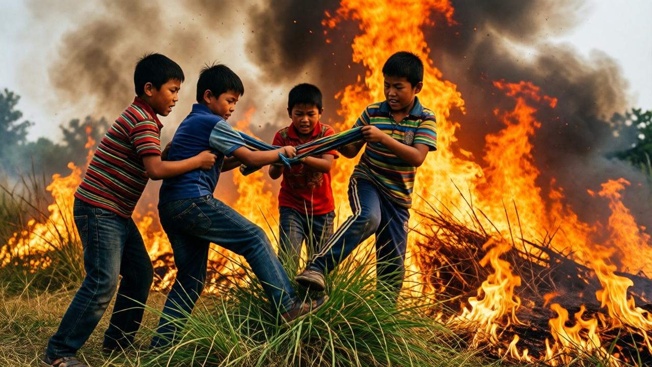 Dynamic action shot of boys desperately trying to stomp and beat a growing grass fire with their shirts. The style is dramatic and photorealistic. The mood is chaotic and urgent. Lighting is a mix of harsh sunlight and the intense orange glow of the flames, creating high contrast. Colors are fiery oranges, reds, and yellows against black smoke and the boys' colorful clothing. Composition is slightly low-angle, emphasizing the scale of the fire versus the small figures. Perspective is from within the clearing, capturing the frenzy.