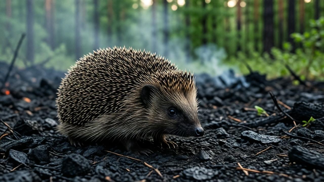 A poignant close-up of a scorched hedgehog slowly crawling across blackened, ashy ground towards the green edge of a forest. The style is photorealistic and detailed. The mood is somber, resilient, and hopeful. Lighting is soft, diffused late afternoon light filtering through lingering smoke. Colors are monochrome blacks and grays of the ash, with the brown and black of the hedgehog's burned spines, contrasted by the vibrant green of the untouched forest in the background. Composition uses shallow depth of field to focus on the hedgehog. Perspective is at ground level, eye-to-eye with the small survivor.