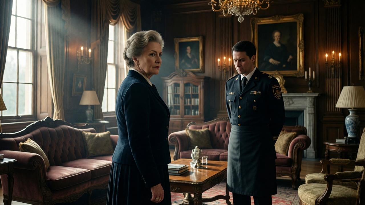 A cinematic, slightly ominous scene inside a grand, opulent mayoral residence. A woman in her sixties, Laura, stands imperiously in a lavish living room, turning away from a uniformed housekeeper who looks downcast. The lighting is dramatic, with shafts of light cutting through tall windows, highlighting dust motes and a tense atmosphere. The style is photorealistic with a mood of hidden tension. Rich colors of velvet and dark wood dominate. Composition uses a wide-angle to show the scale of the room against the small human drama.