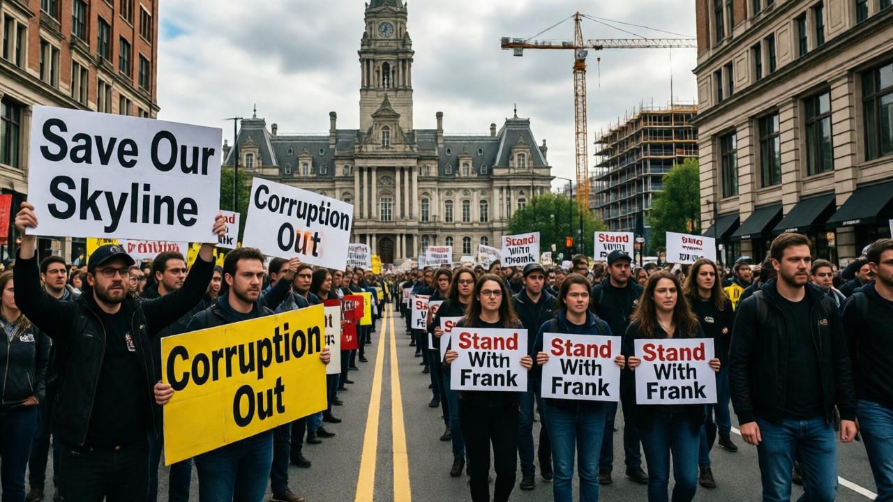 A powerful photojournalistic image showing a divided city street. On one side, protesters hold signs saying 'Save Our Skyline' and 'Corruption Out'. On the other, a smaller group holds 'Stand With Frank' signs. The scene is set in front of a historic city hall, with a modern construction crane visible in the background, symbolizing the conflict. The mood is tense and chaotic, with dynamic lighting from a cloudy sky. The composition is crowded and immersive, placing the viewer in the midst of the conflict.