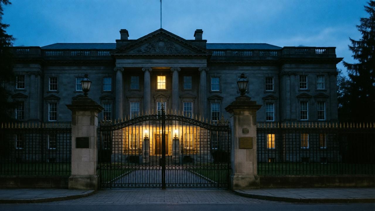 A somber, symbolic shot of the empty mayoral residence at dusk. The grand building is dark except for one light in a top-floor window. The gates are closed. The style is melancholic and still, with a deep blue twilight sky and warm, lonely interior light creating contrast. The mood is one of loss and consequence. The composition is symmetrical and imposing, emphasizing the building's scale and now-vacant authority.