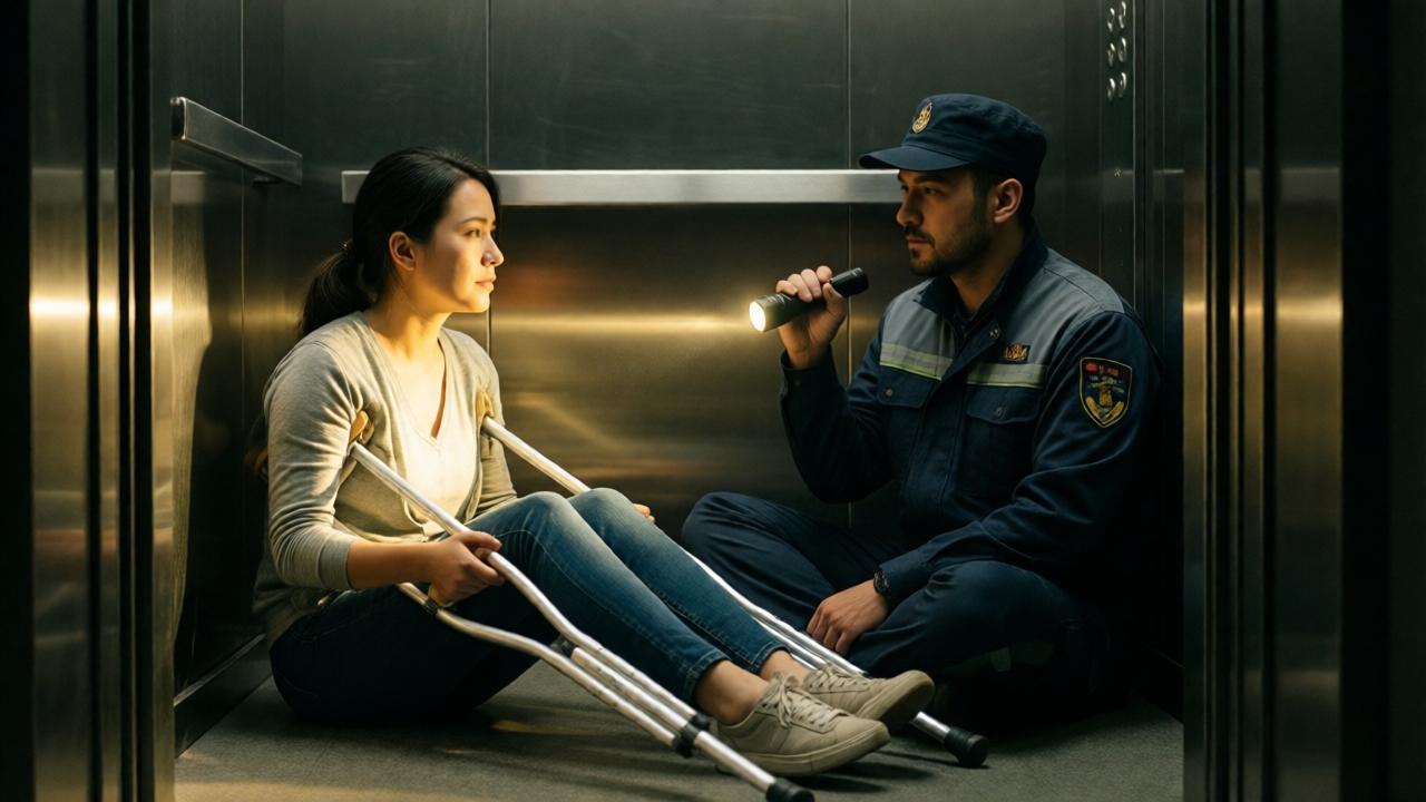 A dim, intimate scene inside a stalled elevator. A woman sits on the floor with crutches across her lap, her face illuminated by the soft, warm glow of a flashlight held by a man in a maintenance uniform sitting beside her. The mood is quiet and contemplative, with deep shadows around them. The composition is a medium close-up from a low angle, focusing on their shared space and the beam of light that connects them, highlighting expressions of vulnerability and calm.