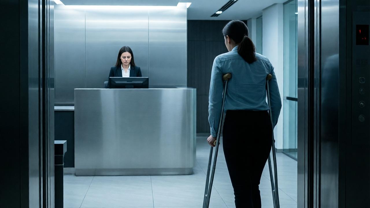 A modern, sleek office lobby with a cold, impersonal atmosphere. A receptionist behind a high, minimalist desk looks down at a screen, her expression dismissive. In the foreground, the woman from the elevator stands before the desk, leaning on her crutches, her back to the viewer, conveying a sense of vulnerability and anticipation. The lighting is harsh and fluorescent, casting sharp shadows. The composition uses leading lines to direct focus to the tense interaction between the two figures.