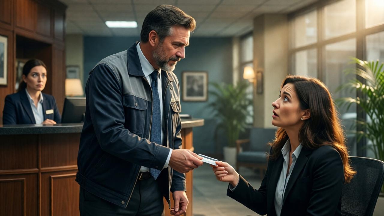 A powerful moment in an office lobby. The CEO, now recognizable without his maintenance jacket, stands confidently, handing his business card to the seated woman who looks up at him with shock and dawning hope. The dismissive receptionist is visible in the background, frozen and wide-eyed. The lighting is dramatic, with a warm, spotlight-like quality on the central figures, symbolizing revelation and justice. The composition is dynamic, capturing the pivotal shift in power and perception.