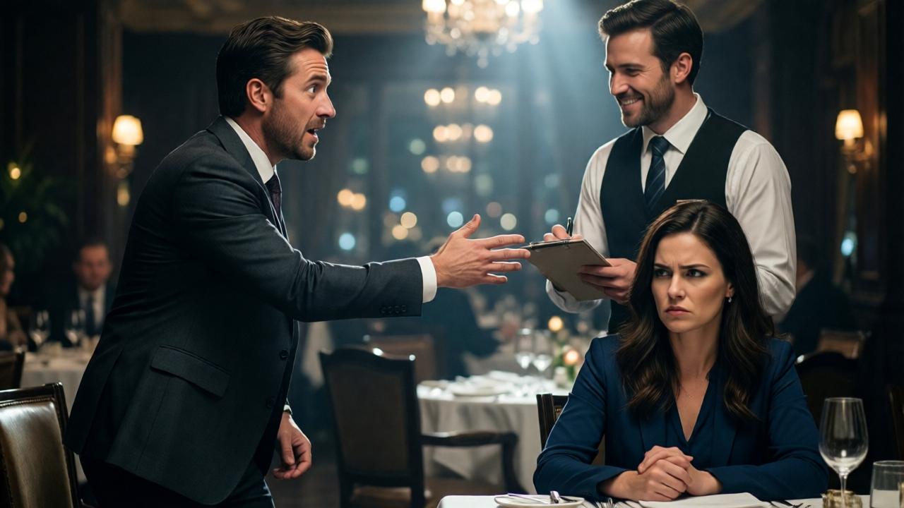 A dramatic, cinematic scene in an upscale restaurant. A man in a nice suit (John) has just stood up from his chair, his face lit with shock and recognition. He is reaching out towards a waiter (Smith) holding a notepad. The waiter is smiling warmly, caught in a beam of soft overhead lighting. In the foreground, a woman (the fiancée) sits rigidly at the table, her expression cold and displeased, her hands clenched on the tablecloth. The background is softly blurred with bokeh lights, focusing on the intense emotional reunion. Moody, high-contrast lighting with warm tones on the friends and cooler tones on the woman.