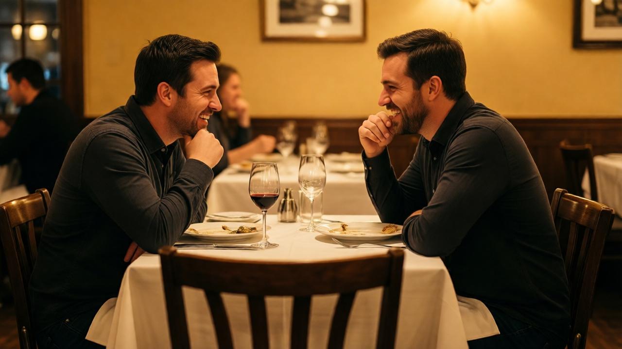 A peaceful, warm scene at the restaurant table. John and Smith are now seated across from each other, leaning in and talking animatedly, both smiling and laughing. Empty plates and wine glasses sit between them. The lighting is soft and golden, creating a cozy, intimate atmosphere. The vacant chair where the fiancée sat is pushed back, out of focus. The composition conveys reconnection, comfort, and the simple joy of true friendship, with a shallow depth of field blurring the rest of the restaurant.