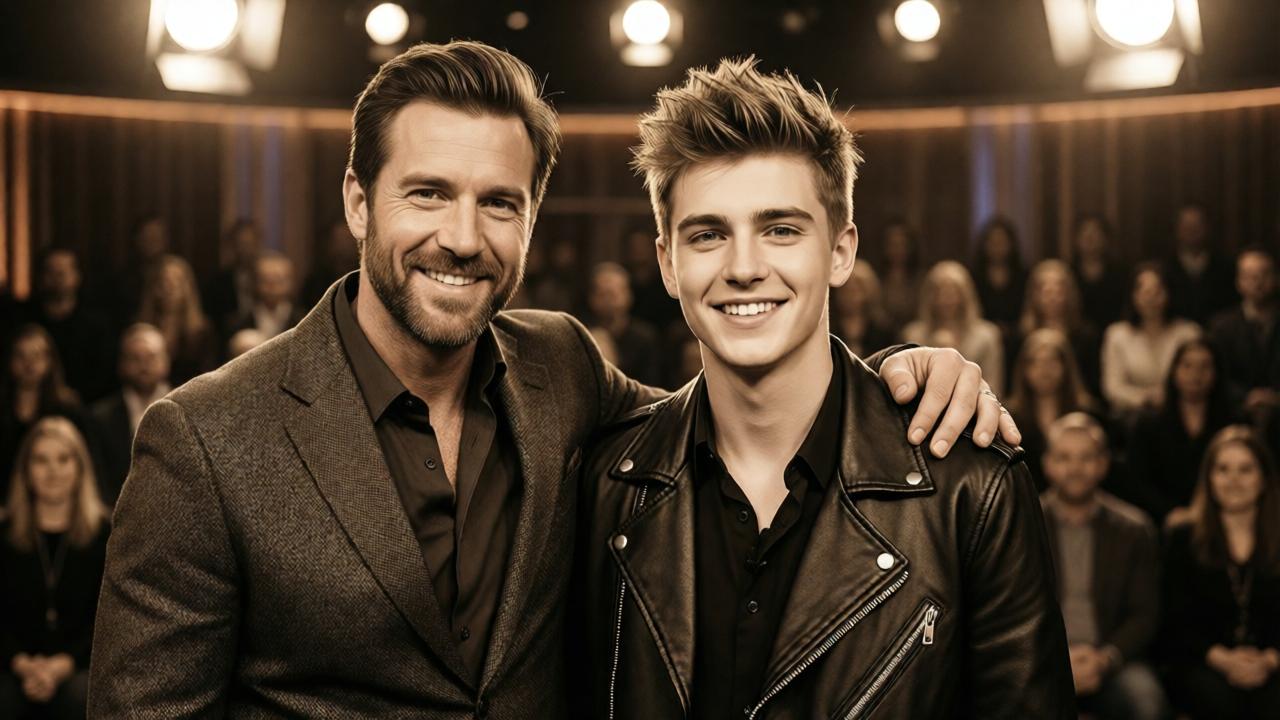 A stylized, warm-toned photograph of a younger Maurice Brant and a teenage Denis on a talk show set. Maurice, impeccably dressed in a tailored blazer, has his arm around Denis, who sports a fashionable, edgy haircut and a sharp jacket. They are both smiling under bright studio lights, surrounded by a blurred audience. The mood is one of pride, success, and familial glamour, with a shallow depth of field focusing on their connection.