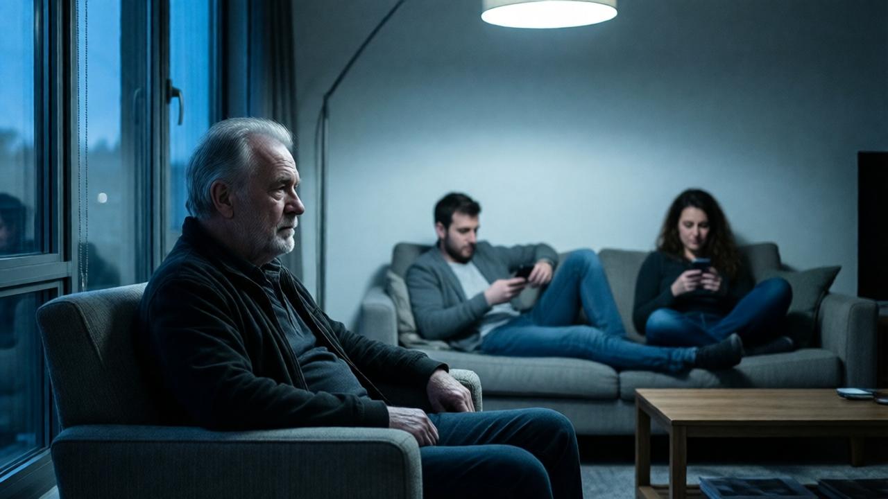 A somber, cool-toned interior scene in a modern apartment living room. Maurice, now looking older and weary, sits alone in an armchair, staring out a large window. In the blurred background, Denis and Katherine are lounging on a sofa, looking at their phones, disconnected from him. The lighting is harsh overhead light, casting long shadows and emphasizing the emotional distance and isolation in the room. The composition frames Maurice as a small, solitary figure.