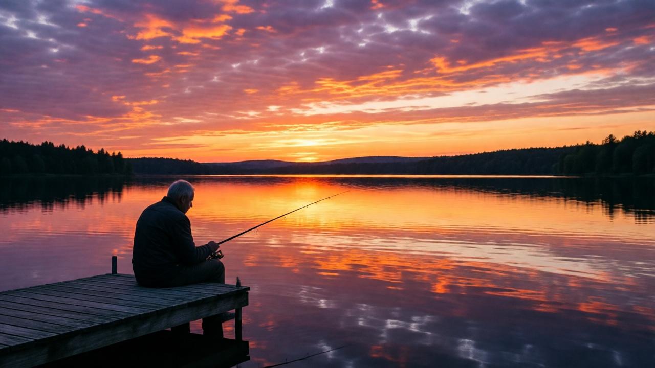 A poignant, wide-shot landscape at sunset. An older Maurice sits alone on a small dock by a serene lake, holding a fishing rod. The sky is ablaze with oranges, purples, and pinks, reflecting beautifully on the calm water. His posture is one of quiet resignation and reflection. The style is photographic and melancholic, with a focus on the vast, beautiful loneliness of the scene and the solitary figure contemplating the water.