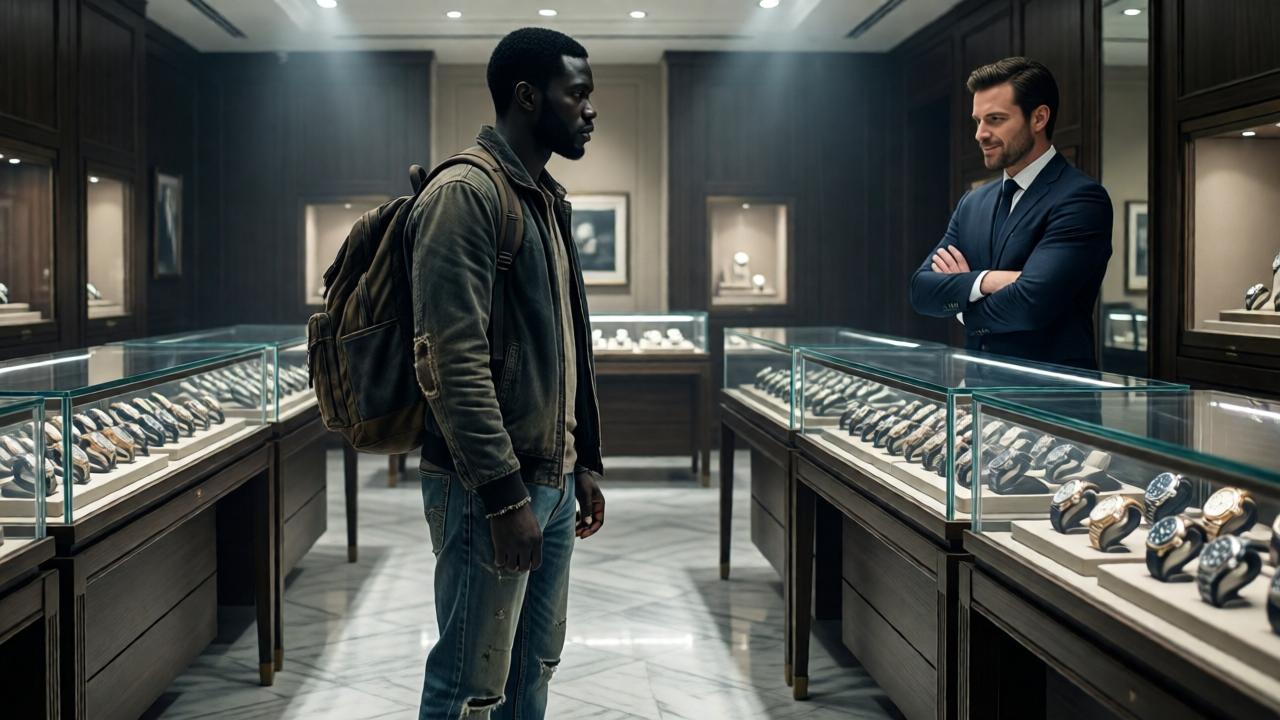 A cinematic, high-contrast shot inside a luxurious watch boutique. A Black man in a slightly torn jacket and faded jeans stands calmly in the center of the polished marble floor, a worn backpack on his shoulder. He is surrounded by gleaming glass display cases filled with exquisite watches. A well-dressed, sneering salesman stands opposite him, arms crossed. Soft, dramatic lighting from spotlights creates pools of light and shadow, emphasizing the tension and social divide. The composition is wide, capturing the pristine, cold opulence of the store. Style: photorealistic, mood: tense and judgmental.