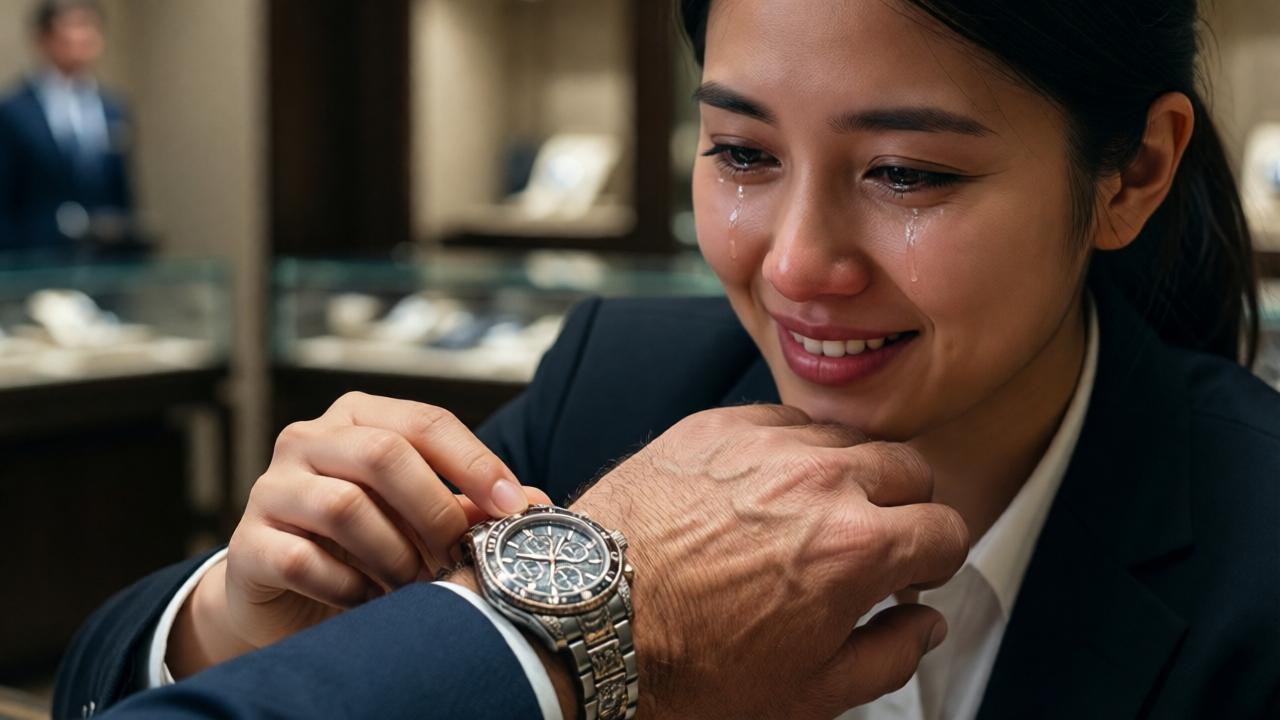 A close-up, intimate portrait of a young female sales associate with a kind expression gently placing an exquisite, complex luxury watch on the wrist of a man with weathered hands. His eyes are glistening with held-back tears. The watch gleams under a soft spotlight. The background is blurred but suggests the opulent boutique. Lighting is warm and focused on their hands and faces, creating a feeling of connection and dignity. Style: photorealistic with a shallow depth of field, mood: poignant, respectful, and emotionally charged.