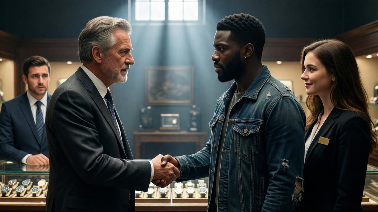 A dramatic scene in a watch boutique. An older, distinguished man in an impeccable suit (the owner) stands facing the black man in the torn jacket, their hands clasped in a firm, emotional handshake. The younger sales associate, Rachel, looks on with a gentle smile. In the background, the head salesman Ethan watches, his expression one of stunned realization and deep shame. Lighting is dramatic, with a shaft of light from a high window illuminating the central trio. The composition conveys reconciliation, shock, and a overturned social hierarchy. Style: photorealistic, mood: revelatory and transformative.