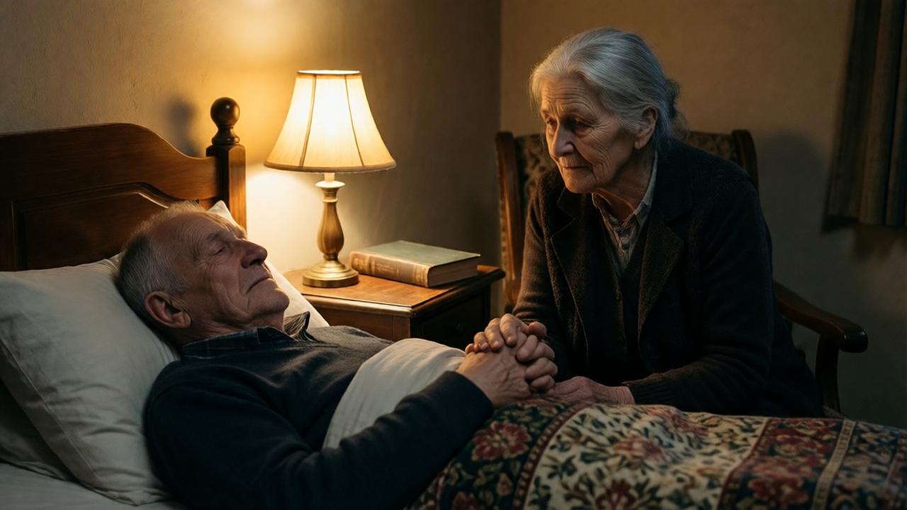 A poignant scene in a dimly lit, humble cottage bedroom. An elderly man lies peacefully in a bed, his hand held by a weary but gentle elderly woman with silver hair, who sits in a chair beside him. A single lamp casts a warm, soft glow on their clasped hands and a well-worn book on the nightstand. The mood is one of tender, quiet devotion and exhaustion. The composition is intimate, shot from a low angle to emphasize the caregiver's vigil, with deep shadows and muted colors of cream and wood.