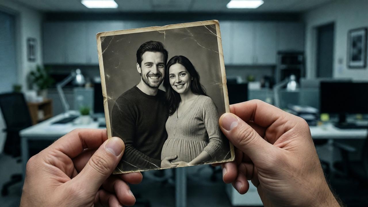 A close-up of a man's hands trembling as they hold a vintage, slightly faded black-and-white photograph. The photo shows a happy young couple; the man is beaming, and the woman beside him is visibly pregnant, both looking into the camera with hope. The real-world background is a modern, sterile home office, creating a stark contrast between past and present. The lighting is harsh and overhead, highlighting the shock on the man's face and the fragility of the old paper. The mood is one of profound, unsettling discovery.