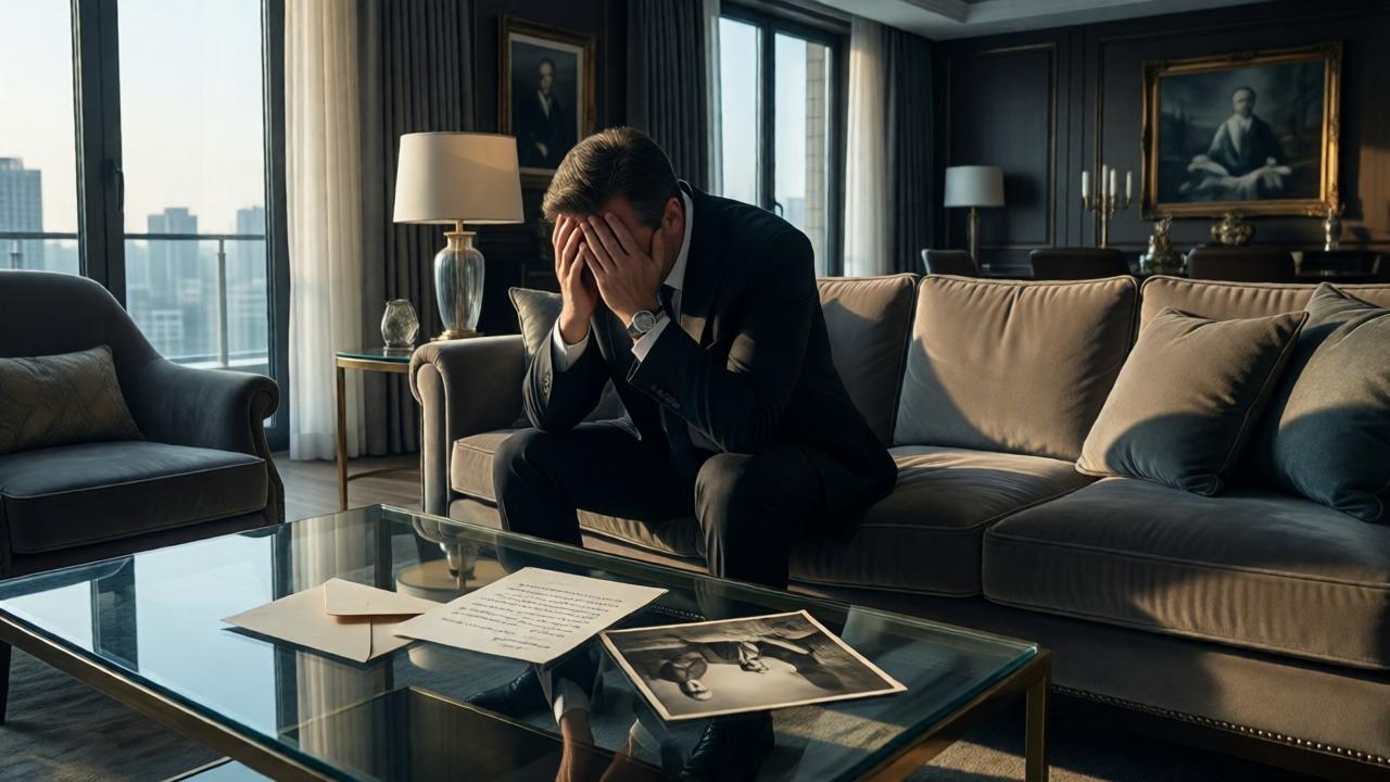 A symbolic image of a man sitting alone in a lavish, modern living room, but he is curled in on himself, head in hands. Before him on a glass coffee table lies an open envelope, a handwritten letter, and the old photograph. The room is opulent but feels cold and empty. Late afternoon light slants through large windows, casting long, dramatic shadows that seem to imprison him. The mood is one of isolated despair, regret, and the crushing weight of revealed truth amidst material success.