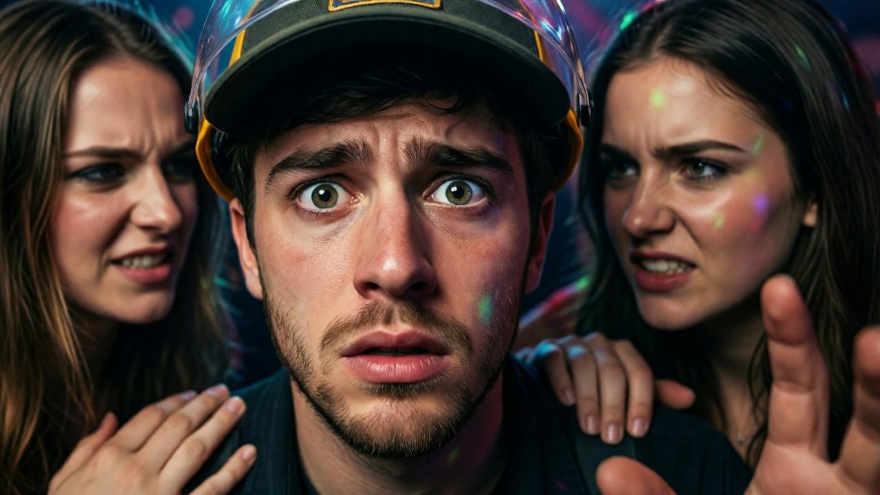 A tense, close-up shot from a low angle, focusing on Ethan's face as he is surrounded. We see the fearful, wide-eyed expression of a young man in his delivery cap, with the blurred, intimidating figures of two young women closing in from the sides, their hands visible as if to block his path. The lighting is harsh and dramatic, casting deep shadows across his features, with the chaotic colored lights from the party reflecting in his eyes. The mood is one of claustrophobia and imminent threat.