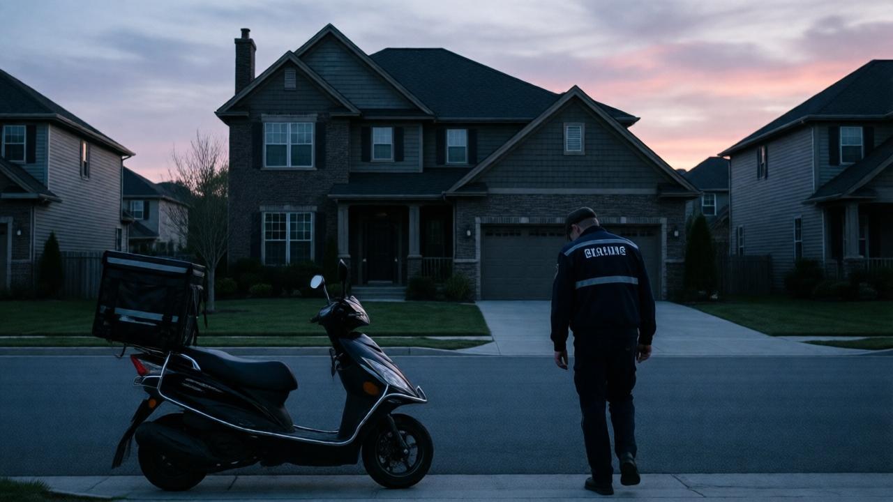 A melancholic, wide shot at dawn. A delivery scooter is parked on a quiet, upscale suburban street. The rider, seen from behind in his uniform, is walking away from the large, now-dark house in the background, his posture slumped with exhaustion and trauma. The sky is a soft, cool palette of blues and pinks, contrasting with the dark silhouette of the house. The scene evokes isolation, relief, and the lingering shadow of a violated sanctuary. Style: cinematic, desaturated colors with a focus on atmosphere.