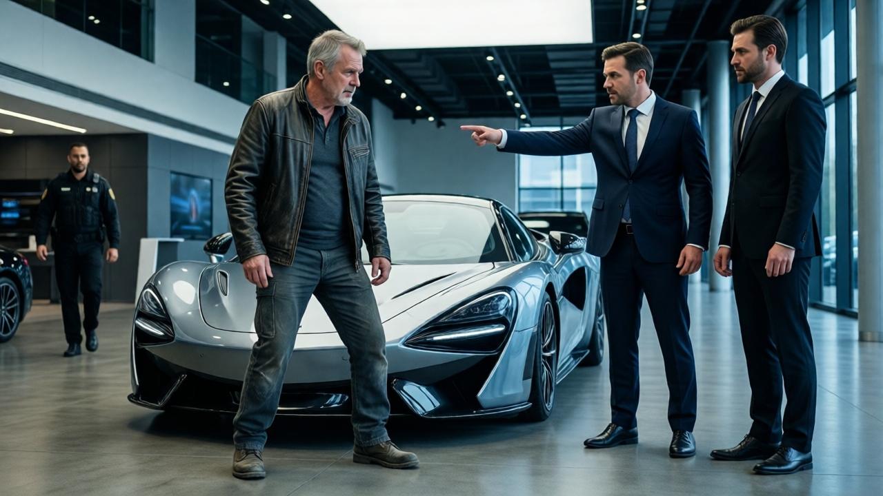 A cinematic wide shot inside a sleek, modern luxury car dealership with polished concrete floors and dramatic overhead lighting. An older man in dusty work boots and a worn leather jacket stands awkwardly before a shimmering, low-slung hypercar. A sharply dressed manager points aggressively at him, while a salesman looks on with contempt. In the background, a security guard approaches. The mood is tense and humiliating, with cool blue and silver tones dominating the scene. Shot from a low angle to emphasize the man's isolation.