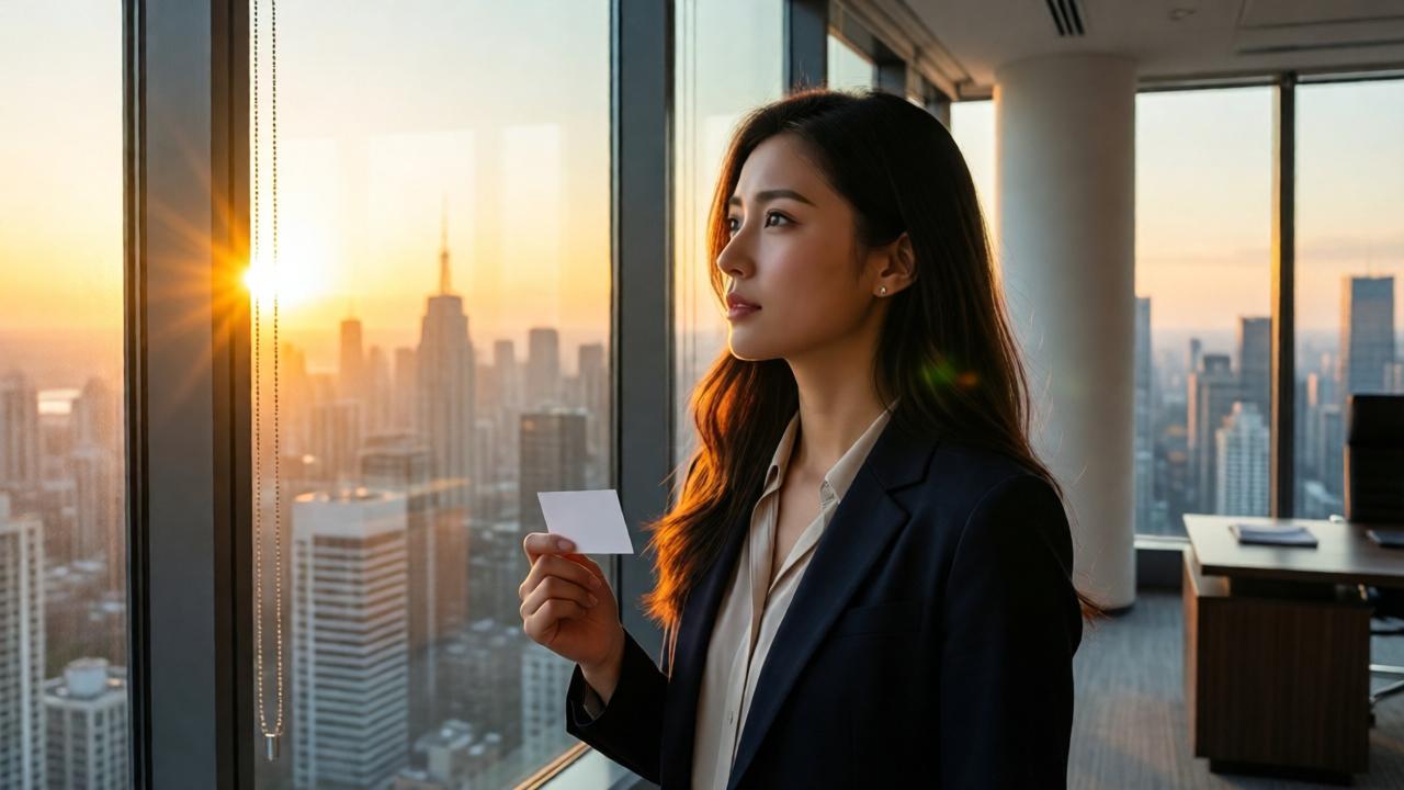 A symbolic, hopeful image. A young woman stands before the floor-to-ceiling windows of a breathtaking penthouse office at sunrise, looking out over a city skyline. She holds the simple white business card in her hand. The room is elegant but minimalist. The warm morning light streams in, illuminating her face which shows a mix of awe, realization, and dawning opportunity. The mood is triumphant and serene, a stark contrast to the earlier humiliation.