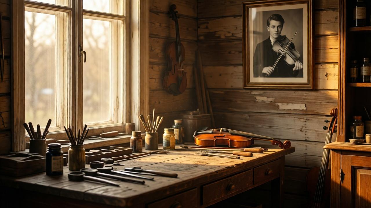 An old violin shop interior with worn wooden walls, a dusty workbench covered in tools and varnish, soft golden afternoon light streaming through a large window, a framed black-and-white photograph of a young man holding a violin on the wall, warm amber tones, nostalgic and melancholic mood, realistic style, shallow depth of field focusing on the workbench