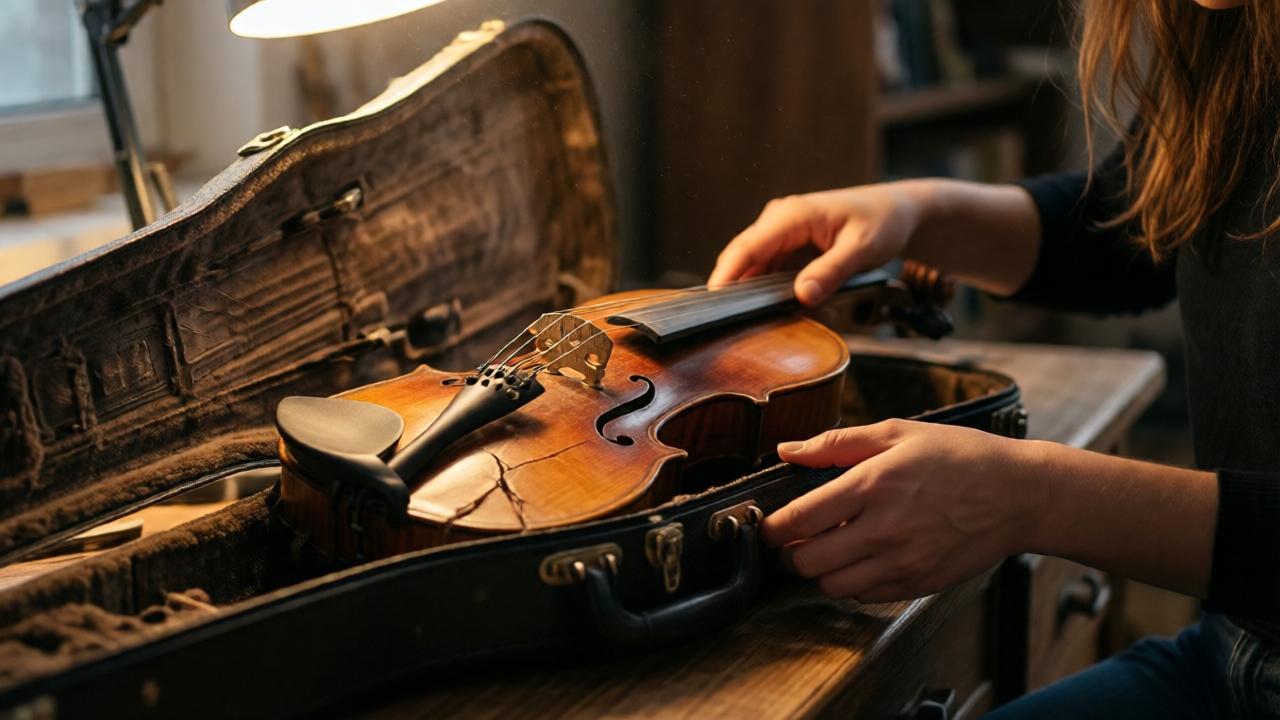Close-up of a woman's hands gently opening a worn violin case on a wooden counter, revealing an old violin with a thin visible repair seam along its body, soft warm lighting from a desk lamp, dust motes floating in the air, emotional atmosphere, photorealistic style, shallow depth of field highlighting the violin's crack and the woman's fingers