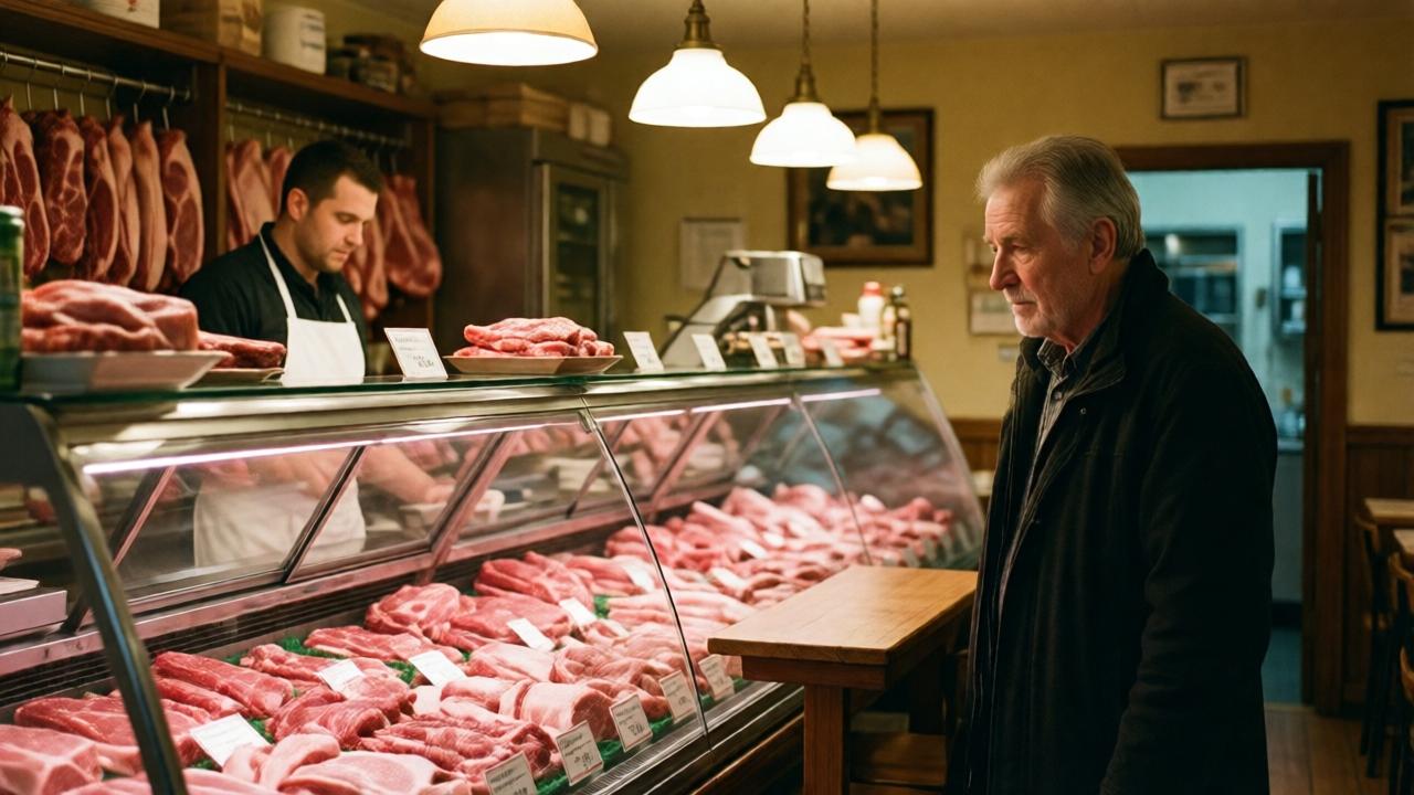 A cozy butcher shop interior with a glass display case filled with various cuts of meat, a wooden counter, and price tags. Soft warm lighting from overhead lamps. The elderly customer with graying hair stands near the counter, looking thoughtful. The young butcher in a white apron stands behind the counter. Realistic, warm tones, shallow depth of field, eye-level perspective.