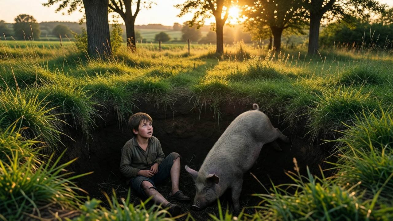 A dramatic scene in a rural countryside: a deep pit in the ground with overgrown grass around it, a young boy with a broken leg sitting at the bottom, looking up with a mix of fear and hope. A large pig has fallen into the pit beside him. Golden sunset light filters through trees, casting long shadows. Realistic, cinematic, emotional, low angle from inside the pit.
