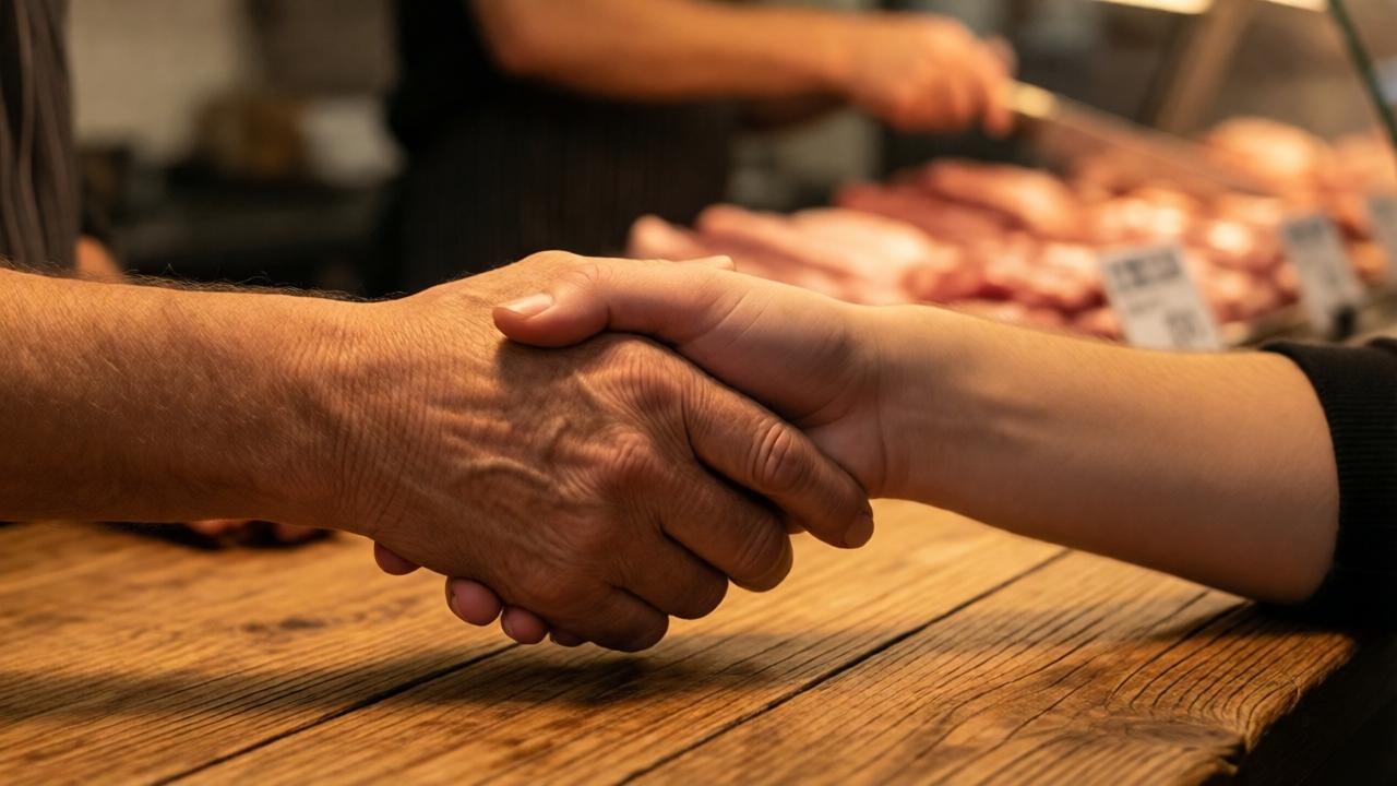 Close-up of two hands meeting over a wooden butcher counter: one hand is wrinkled and elderly, the other is young and clean. A moment of shared understanding and sorrow. Soft background blur of meat displays and price tags. Warm amber lighting, emotional atmosphere, shallow depth of field, high detail on hands and counter texture.