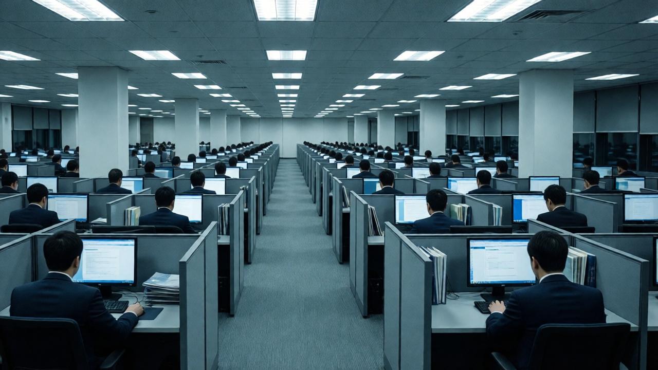 Wide interior shot of a vast open-plan office on the 99th floor, endless rows of identical gray cubicles, employees in suits sitting motionless staring at computer screens, cold fluorescent lighting casting harsh shadows, muted blue-gray color palette, low-angle perspective emphasizing the oppressive uniformity, cinematic mood with a sense of tension and anonymity